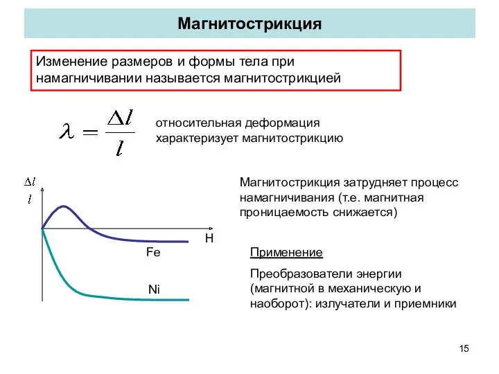 Магнитострикция Изменение размеров и формы тела при намагничивании называется магнитострикцией относительная деформация характеризует