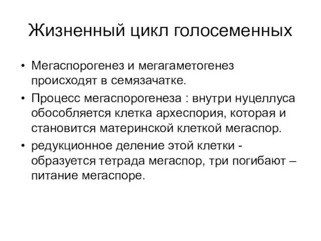 Жизненный цикл голосеменных Мегаспорогенез и мегагаметогенез происходят в семязачатке. Процесс