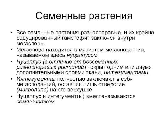 Семенные растения Все семенные растения разноспоровые, и их крайне редуцированный