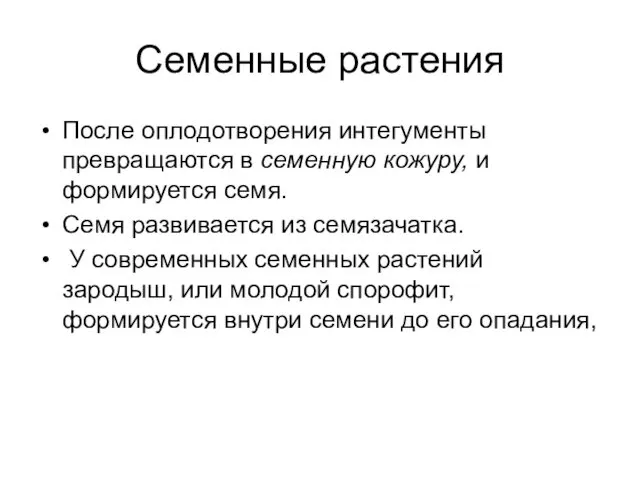 Семенные растения После оплодотворения интегументы превращаются в семенную кожуру, и