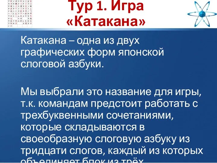 Тур 1. Игра «Катакана» Катакана – одна из двух графических форм японской слоговой