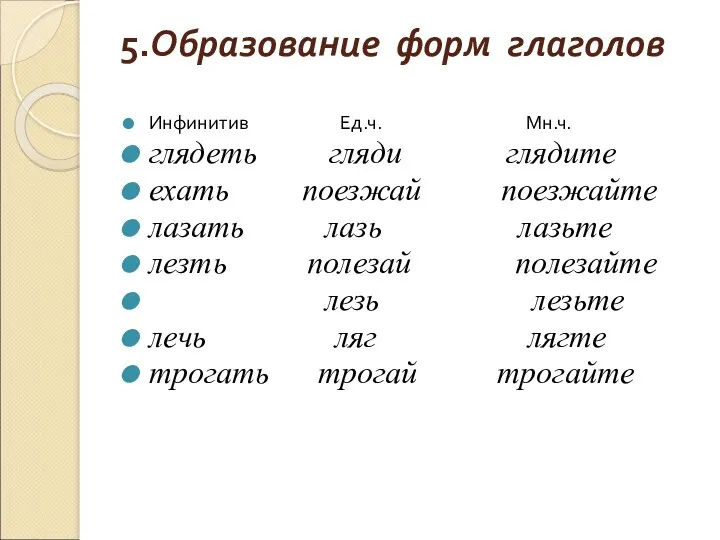 5.Образование форм глаголов Инфинитив Ед.ч. Мн.ч. глядеть гляди глядите ехать