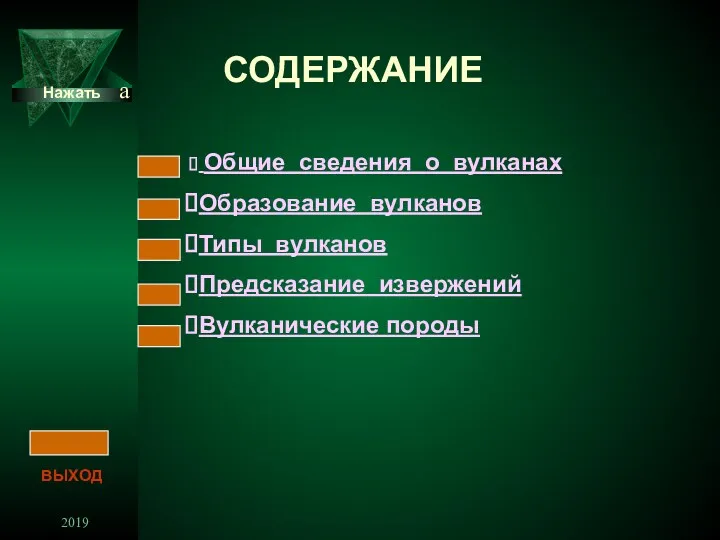 2019 СОДЕРЖАНИЕ ВЫХОД Общие сведения о вулканах Образование вулканов Типы