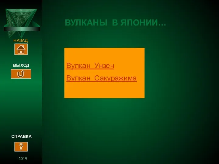 2019 ВУЛКАНЫ В ЯПОНИИ… СПРАВКА ВЫХОД Вулкан Унзен Вулкан Сакуражима НАЗАД