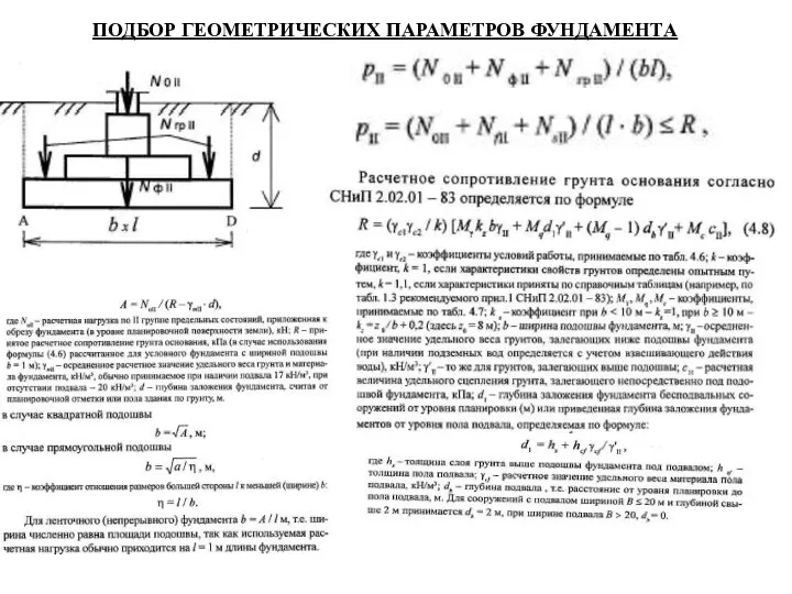 ПОДБОР ГЕОМЕТРИЧЕСКИХ ПАРАМЕТРОВ ФУНДАМЕНТА