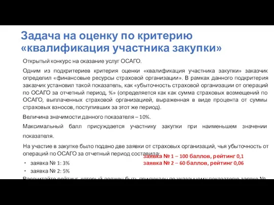 Задача на оценку по критерию «квалификация участника закупки» , Открытый