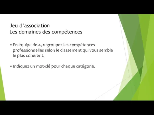 Jeu d’association Les domaines des compétences En équipe de 4,