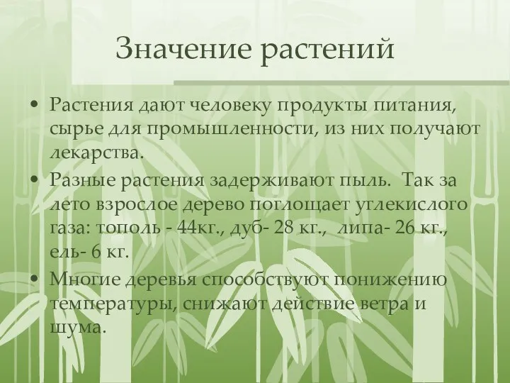 Значение растений Растения дают человеку продукты питания, сырье для промышленности,