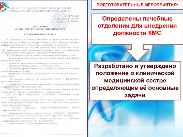 ПОДГОТОВИТЕЛЬНЫЕ МЕРОПРИЯТИЯ: Разработано и утверждено положение о клинической медицинской сестре