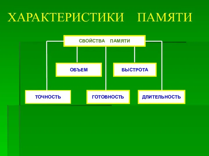 ХАРАКТЕРИСТИКИ ПАМЯТИ ТОЧНОСТЬ ГОТОВНОСТЬ СВОЙСТВА ПАМЯТИ ОБЪЕМ БЫСТРОТА ДЛИТЕЛЬНОСТЬ