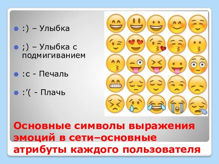 Основные символы выражения эмоций в сети–основные атрибуты каждого пользователя :) – Улыбка ;)