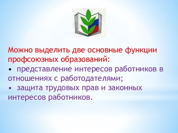 Можно выделить две основные функции профсоюзных образований: • представление интересов