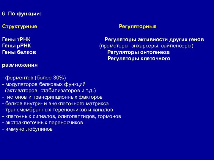 6. По функции: Структурные Регуляторные Гены тРНК Регуляторы активности других