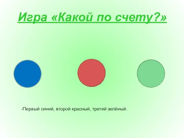 Игра «Какой по счету?» -Первый синий, второй красный, третий зелёный.