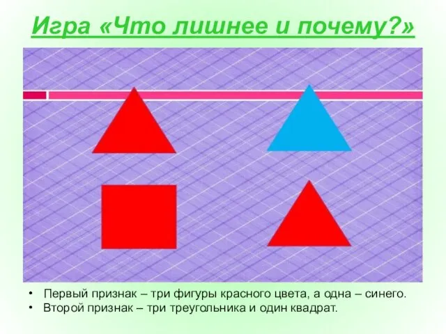 Игра «Что лишнее и почему?» Первый признак – три фигуры