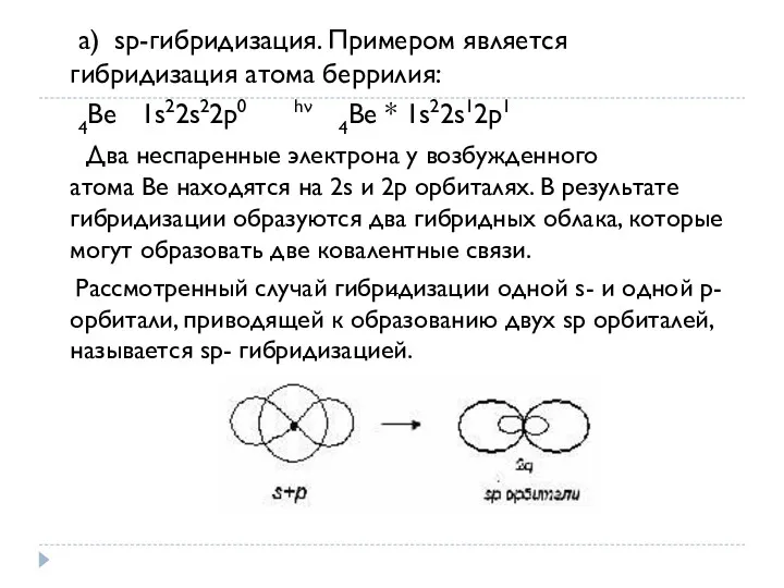а) sp-гибридизация. Примером является гибридизация атома беррилия: 4Be 1s22s22p0 hν
