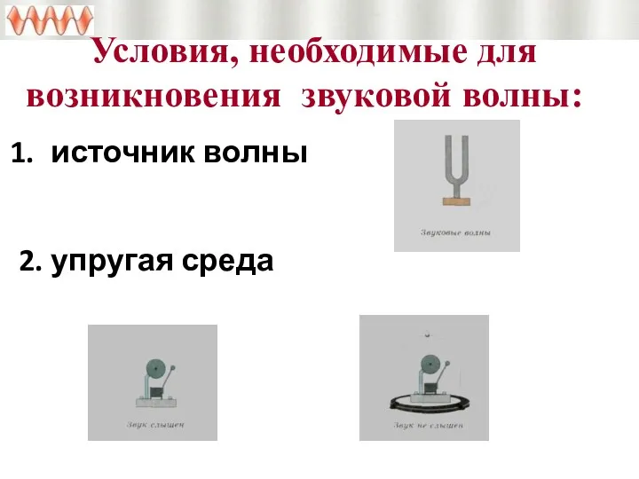 Условия, необходимые для возникновения звуковой волны: источник волны 2. упругая среда