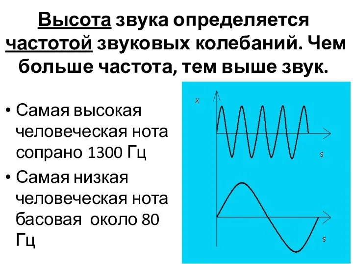 Высота звука определяется частотой звуковых колебаний. Чем больше частота, тем