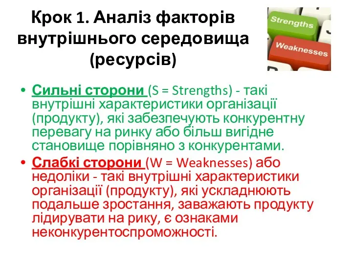 Крок 1. Аналіз факторів внутрішнього середовища (ресурсів) Сильні сторони (S