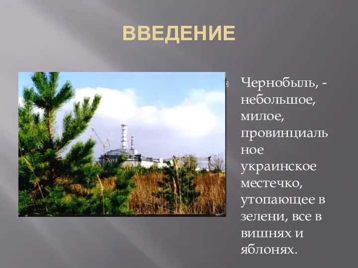 ВВЕДЕНИЕ Чернобыль, - небольшое, милое, провинциальное украинское местечко, утопающее в зелени, все в вишнях и яблонях.