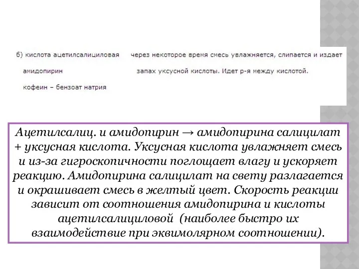 Ацетилсалиц. и амидопирин → амидопирина салицилат + уксусная кислота. Уксусная