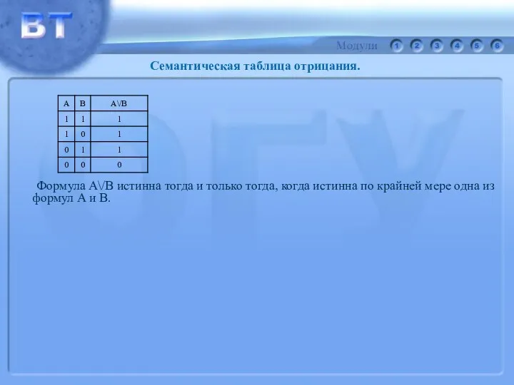 Формула А\/В истинна тогда и только тогда, когда истинна по