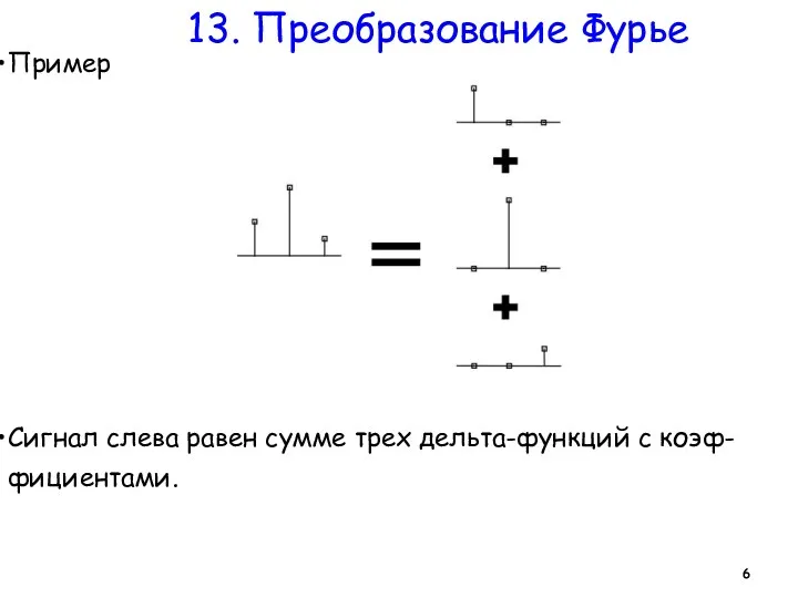 13. Преобразование Фурье Пример Сигнал слева равен сумме трех дельта-функций с коэф-фициентами.