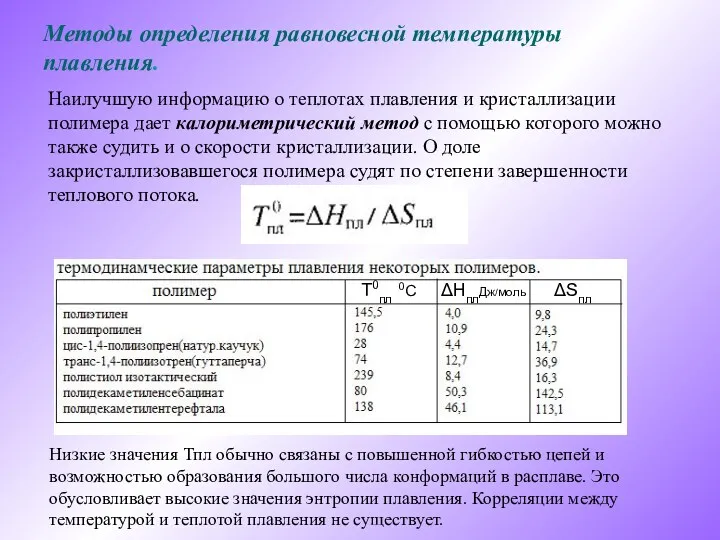 Методы определения равновесной температуры плавления. Наилучшую информацию о теплотах плавления