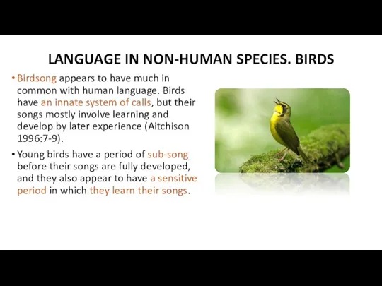 LANGUAGE IN NON-HUMAN SPECIES. BIRDS Birdsong appears to have much in common with