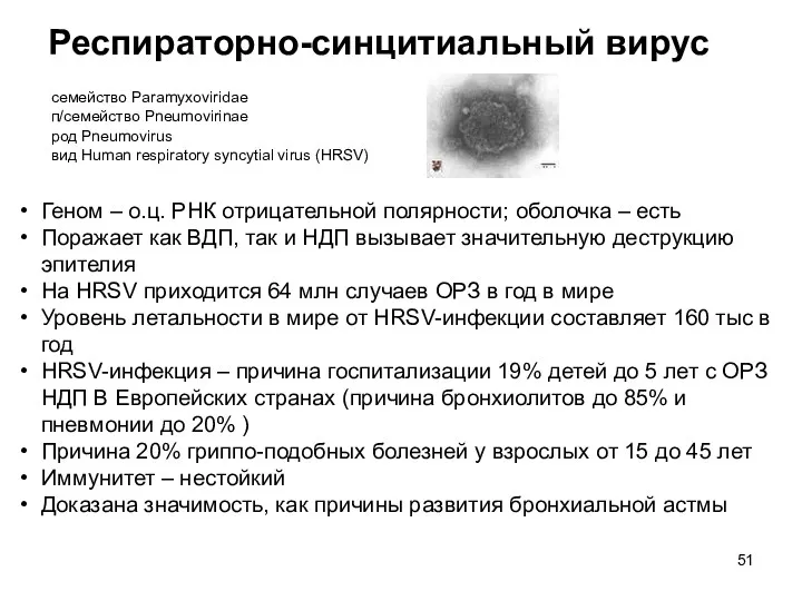 Респираторно-синцитиальный вирус семейство Paramyxoviridae п/семейство Pneumovirinae род Pneumovirus вид Human