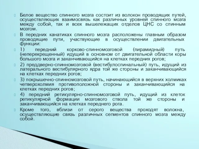 Белое вещество спинного мозга состоит из волокон проводящих путей, осуществляющих взаимосвязь как различных