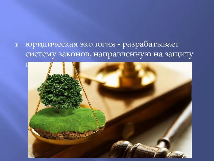 юридическая экология - разрабатывает систему законов, направленную на защиту природы;