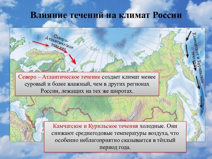 Влияние течений на климат России Северо – Атлантическое течение создает климат менее суровый