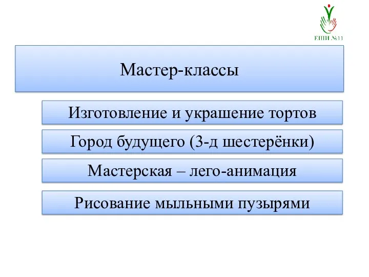 Мастер-классы Изготовление и украшение тортов Город будущего (3-д шестерёнки) Мастерская – лего-анимация Рисование мыльными пузырями