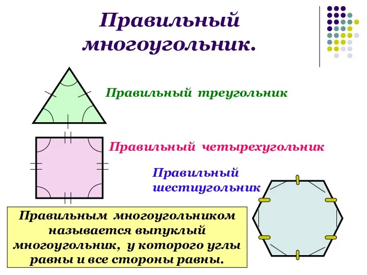 Правильный многоугольник. Правильный треугольник Правильный четырехугольник Правильный шестиугольник Правильным многоугольником называется выпуклый многоугольник,