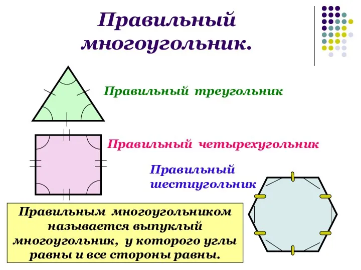 Правильный многоугольник. Правильный треугольник Правильный четырехугольник Правильный шестиугольник Правильным многоугольником