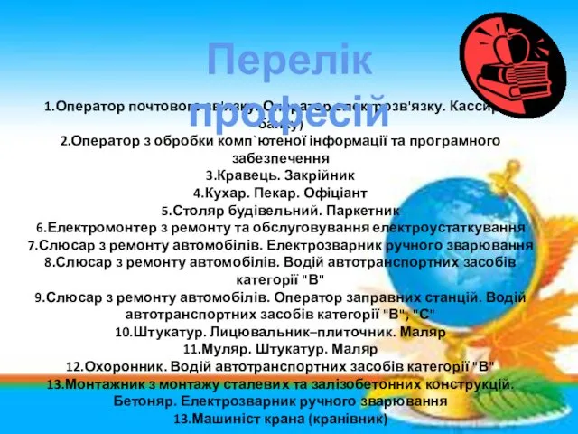 1.Оператор почтового зв'язку. Оператор електрозв'язку. Кассир (в банку) 2.Оператор з