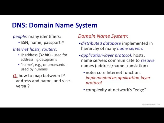 DNS: Domain Name System Application Layer: 2- people: many identifiers: SSN, name, passport