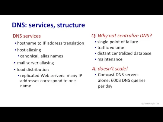 DNS: services, structure Application Layer: 2- Q: Why not centralize DNS? single point