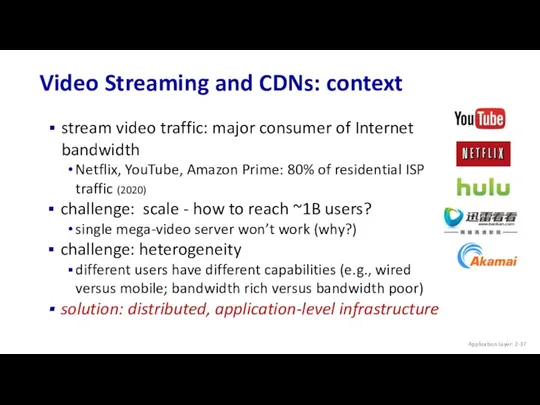Video Streaming and CDNs: context stream video traffic: major consumer of Internet bandwidth