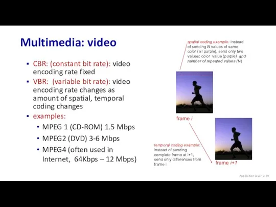 Multimedia: video CBR: (constant bit rate): video encoding rate fixed VBR: (variable bit