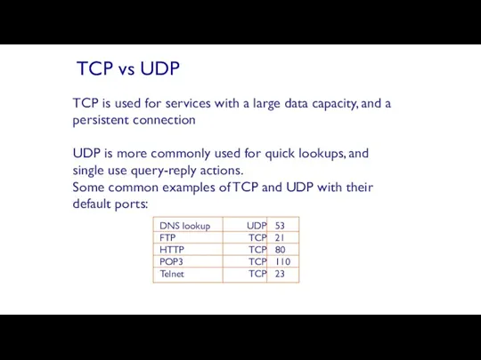 TCP is used for services with a large data capacity, and a persistent