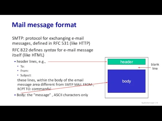 Mail message format Application Layer: 2- SMTP: protocol for exchanging