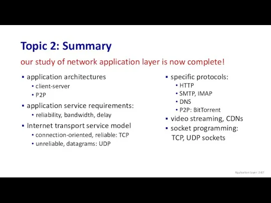 Topic 2: Summary application architectures client-server P2P application service requirements: reliability, bandwidth, delay