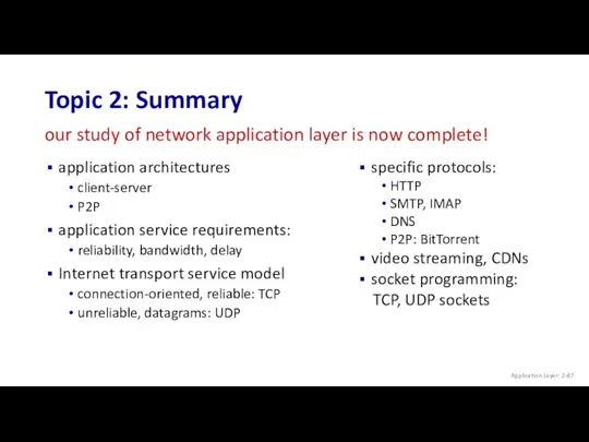 Topic 2: Summary application architectures client-server P2P application service requirements: