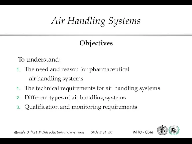 Objectives To understand: The need and reason for pharmaceutical air handling systems The