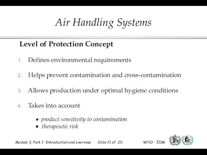 Level of Protection Concept Defines environmental requirements Helps prevent contamination and cross-contamination Allows
