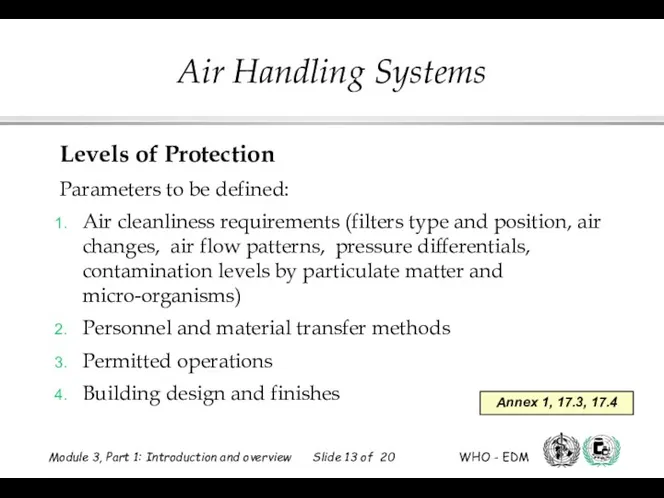 Levels of Protection Parameters to be defined: Air cleanliness requirements