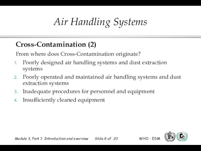 Cross-Contamination (2) From where does Cross-Contamination originate? Poorly designed air handling systems and