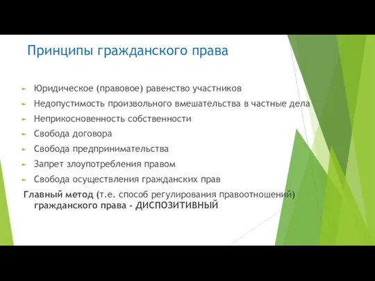 Принципы гражданского права Юридическое (правовое) равенство участников Недопустимость произвольного вмешательства